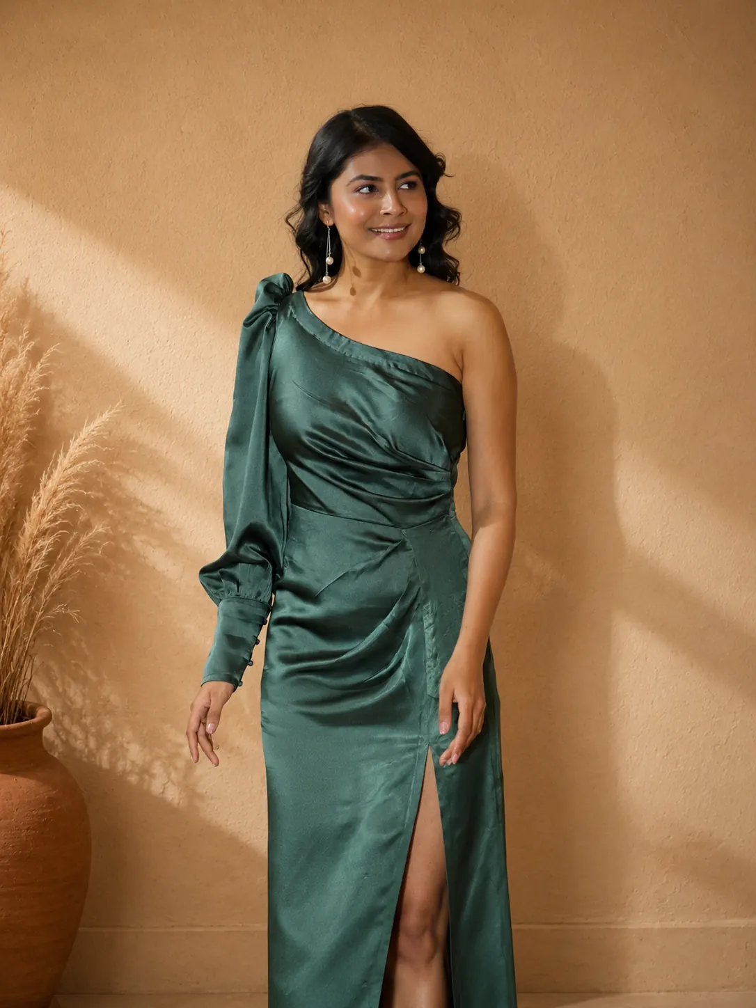 Emerald Drape One-Shoulder Satin Dress — thumbnail 3