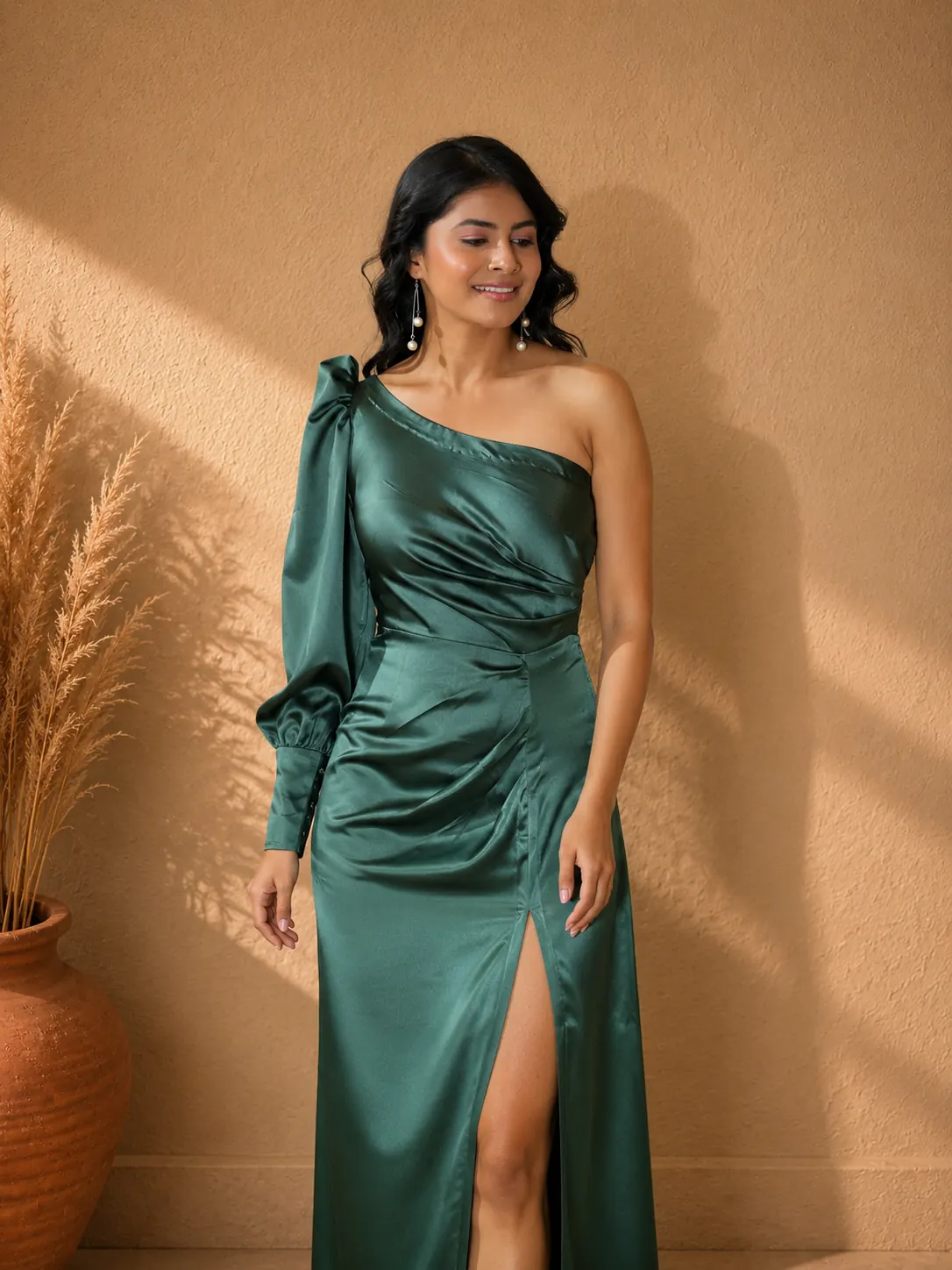 Emerald Drape One-Shoulder Satin Dress — thumbnail 5
