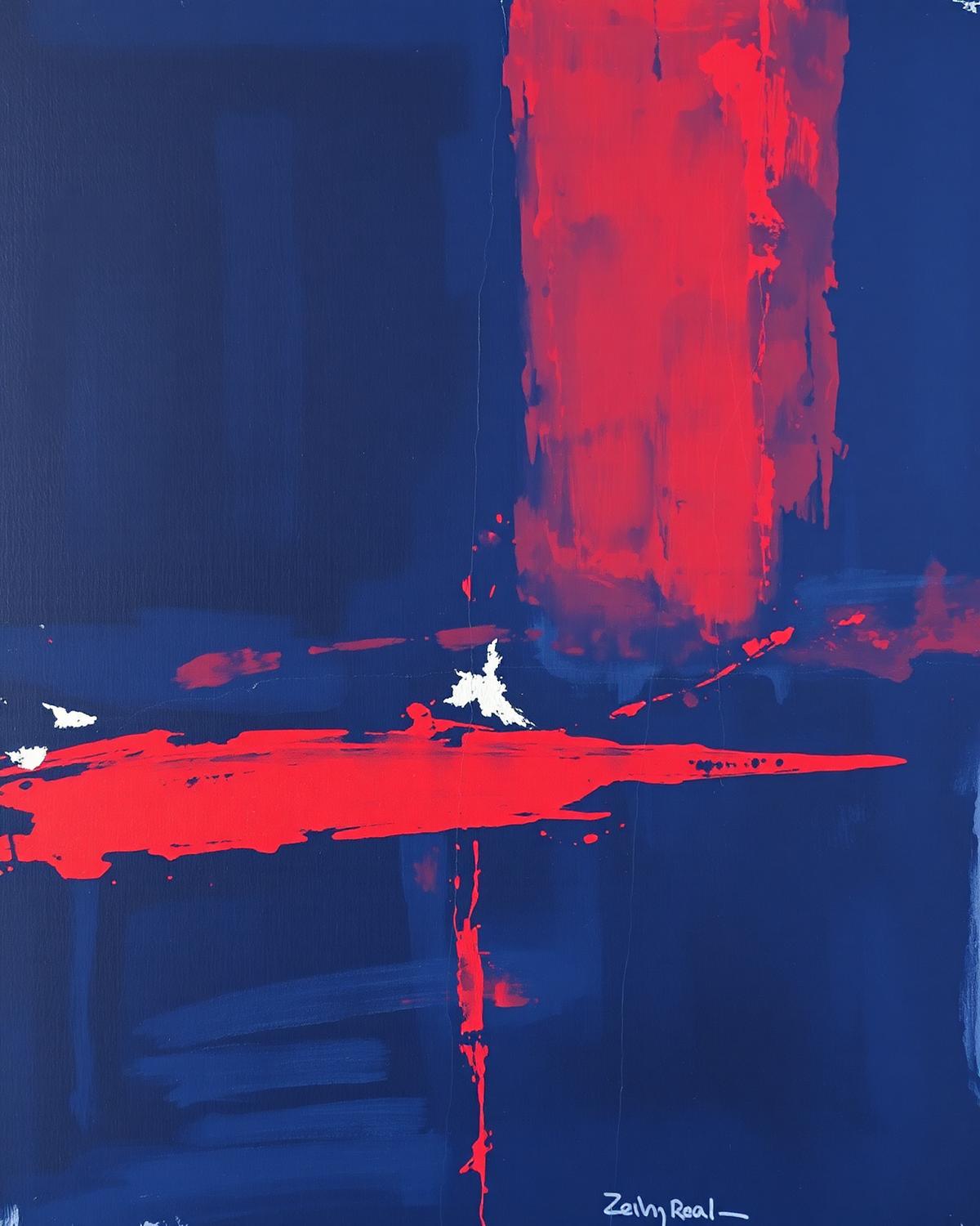 An indigo painting drying against the studio wall.